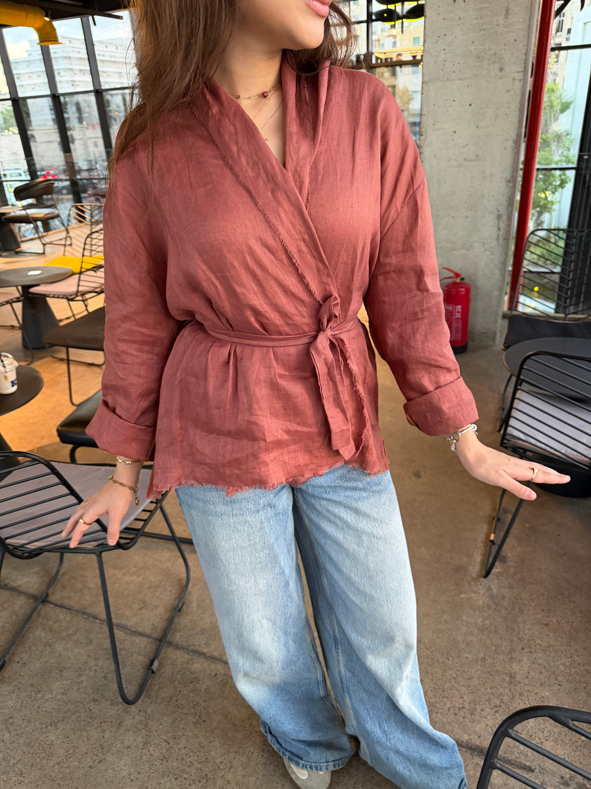 Linen muse mid Kimono - Terracotta Orange