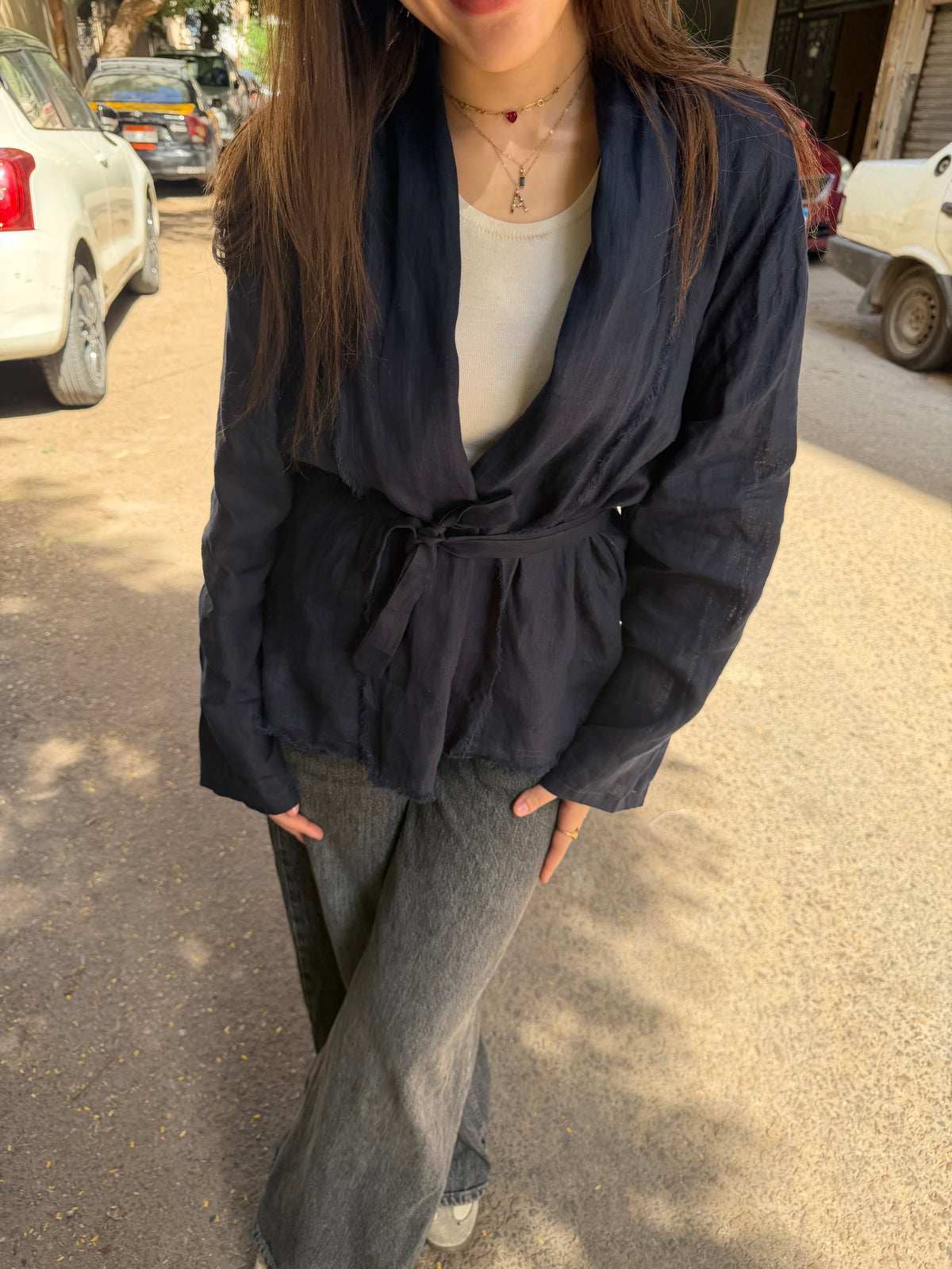 Linen muse mid Kimono - Navy blue